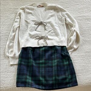 Belldini Cream Cardigan and Green Plaid Mini Skirt